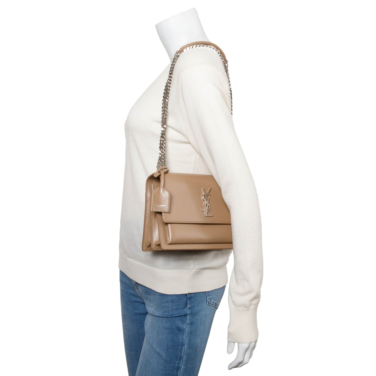Saint Laurent Beige Calfskin Leather Medium Sunset Shoulder Bag