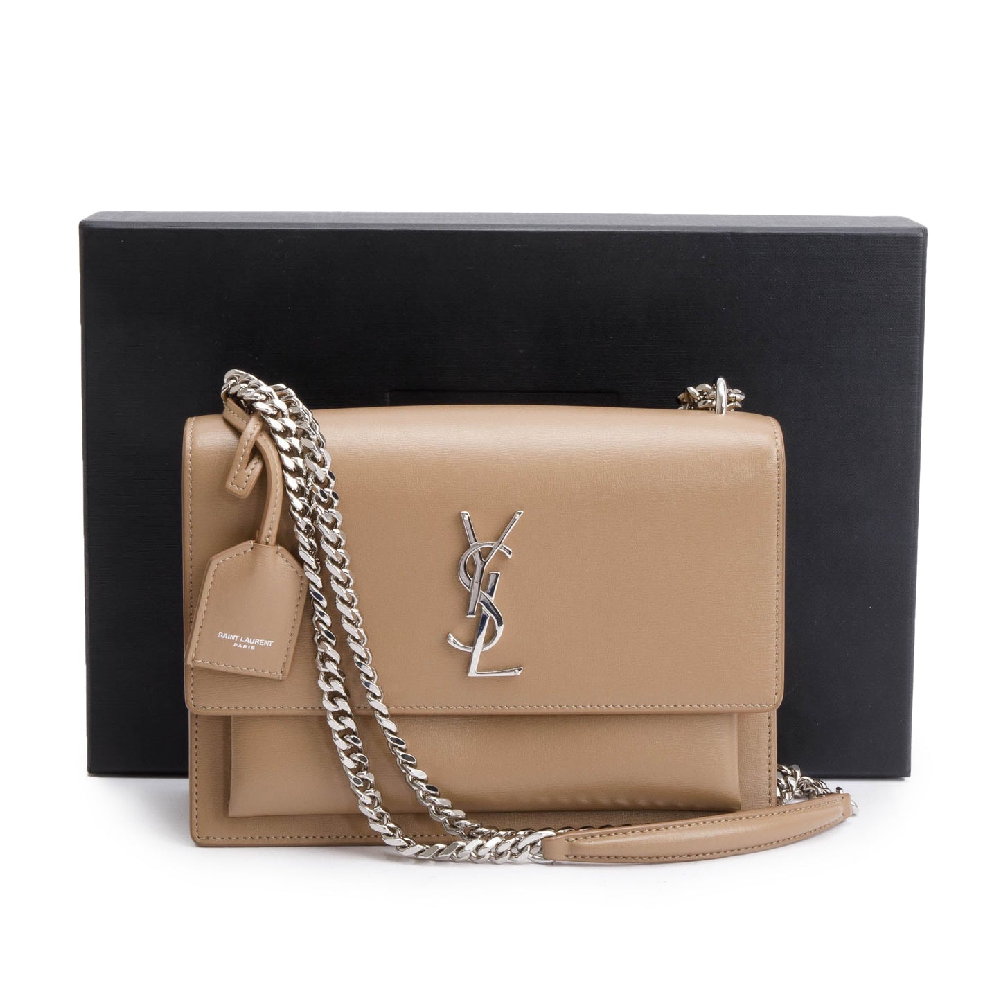 Saint Laurent Beige Calfskin Leather Medium Sunset Shoulder Bag