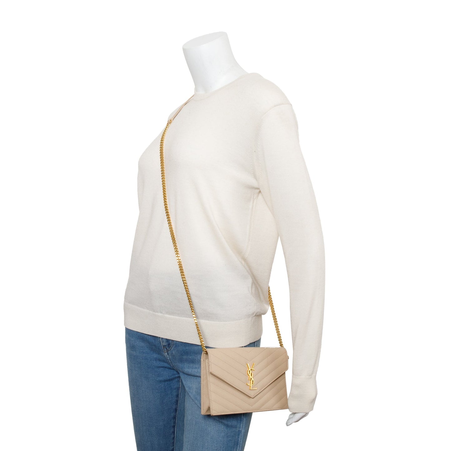 Saint Laurent Beige Grain De Poudre Leather Cassandre Envelope Chain Wallet