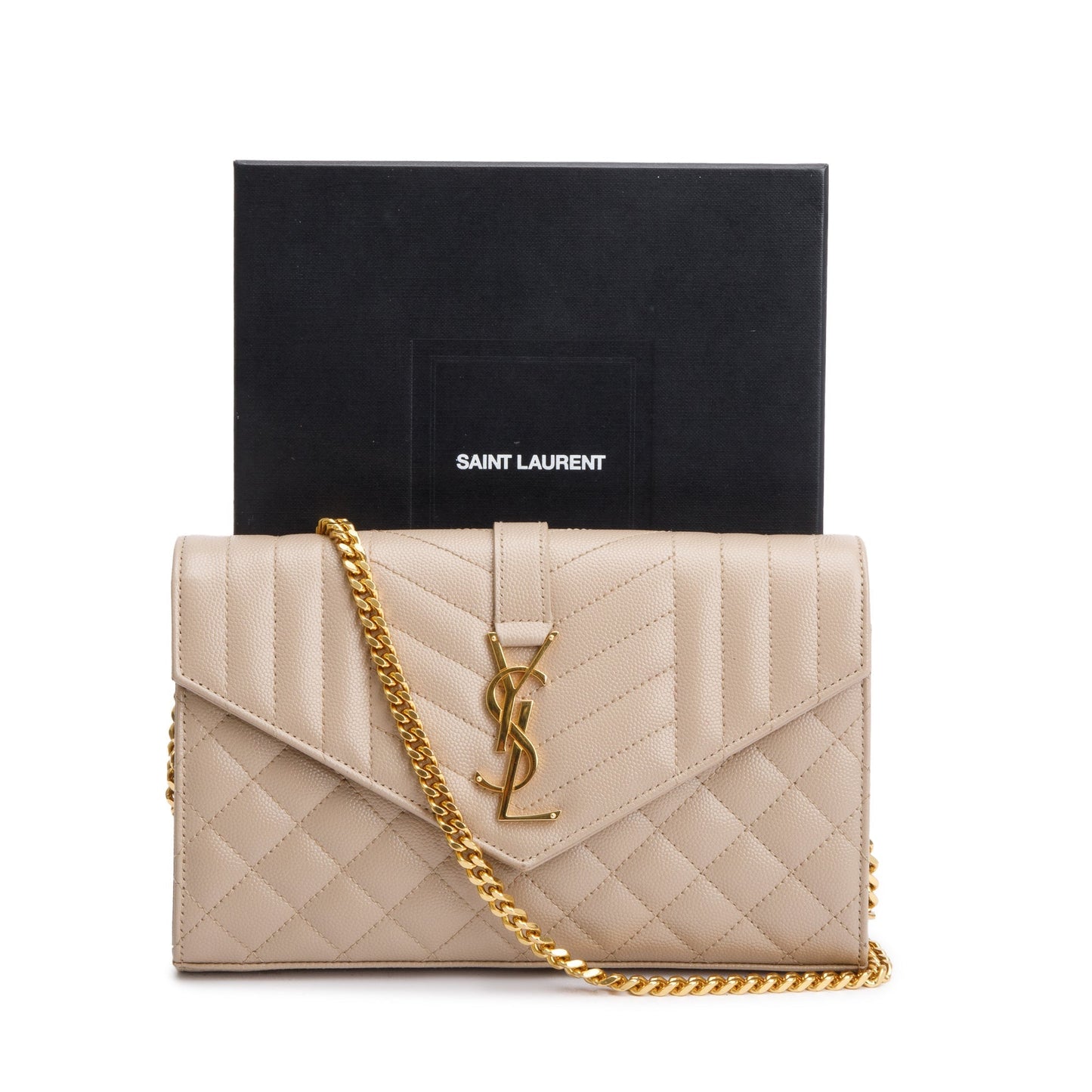 Saint Laurent Beige Mix Matelasse Grain De Poudre Leather Envelope Chain Wallet