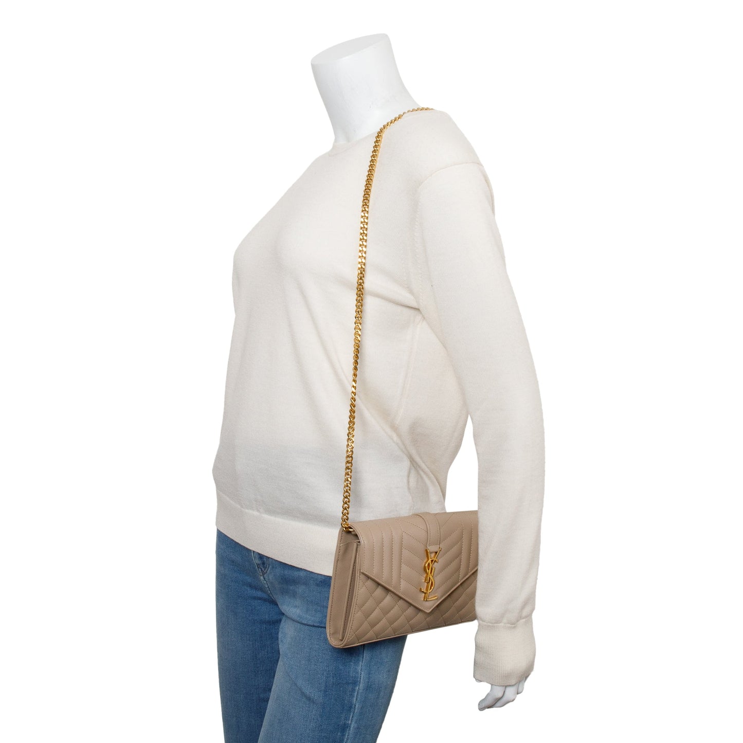 Saint Laurent Beige Mix Matelasse Grain De Poudre Leather Envelope Chain Wallet