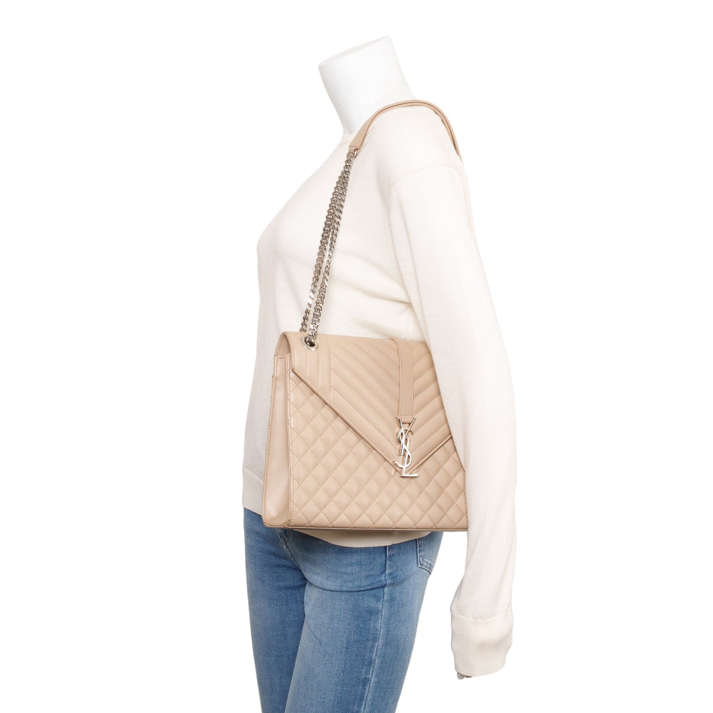 Saint Laurent Beige Quilted Grain De Poudre Leather Large Envelope Chain Bag