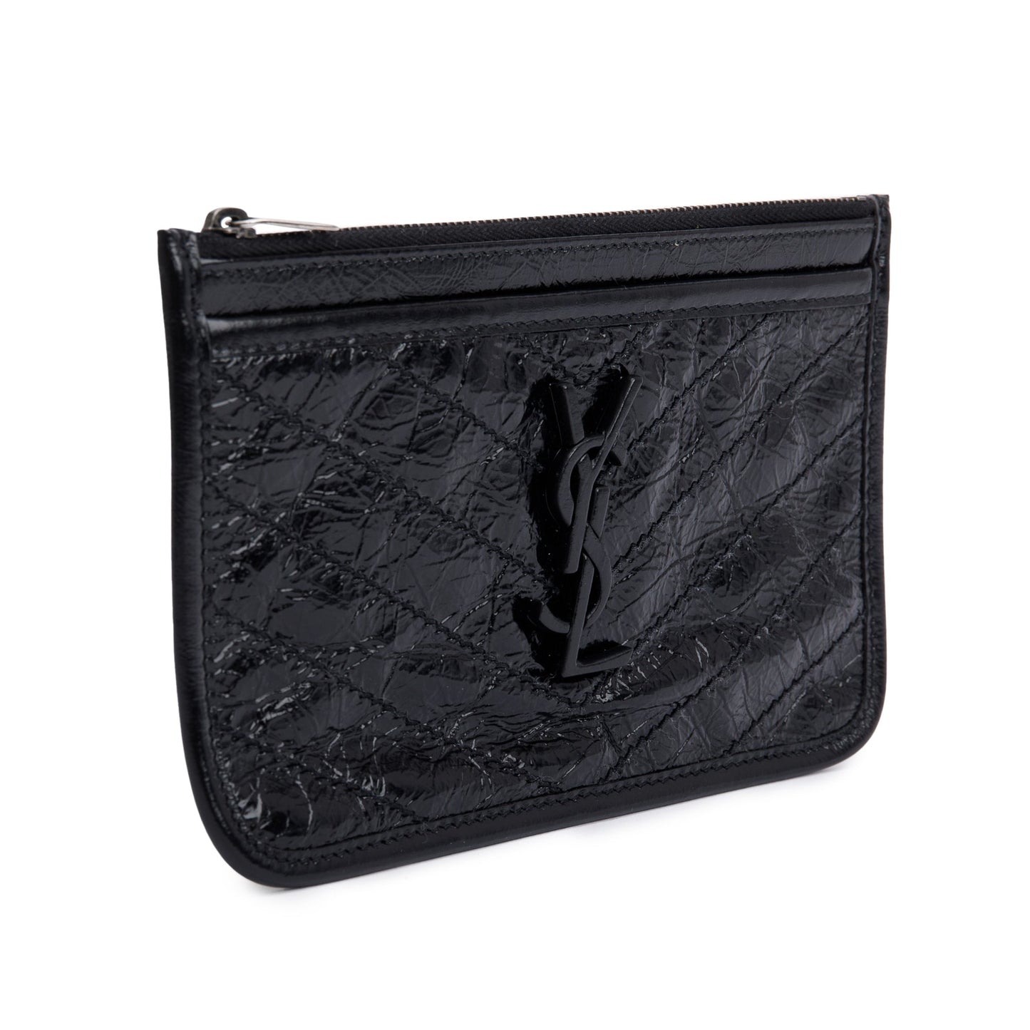 Saint Laurent Black Crinkled Calfskin Matelasse Leather Monogram Niki Bill Pouch