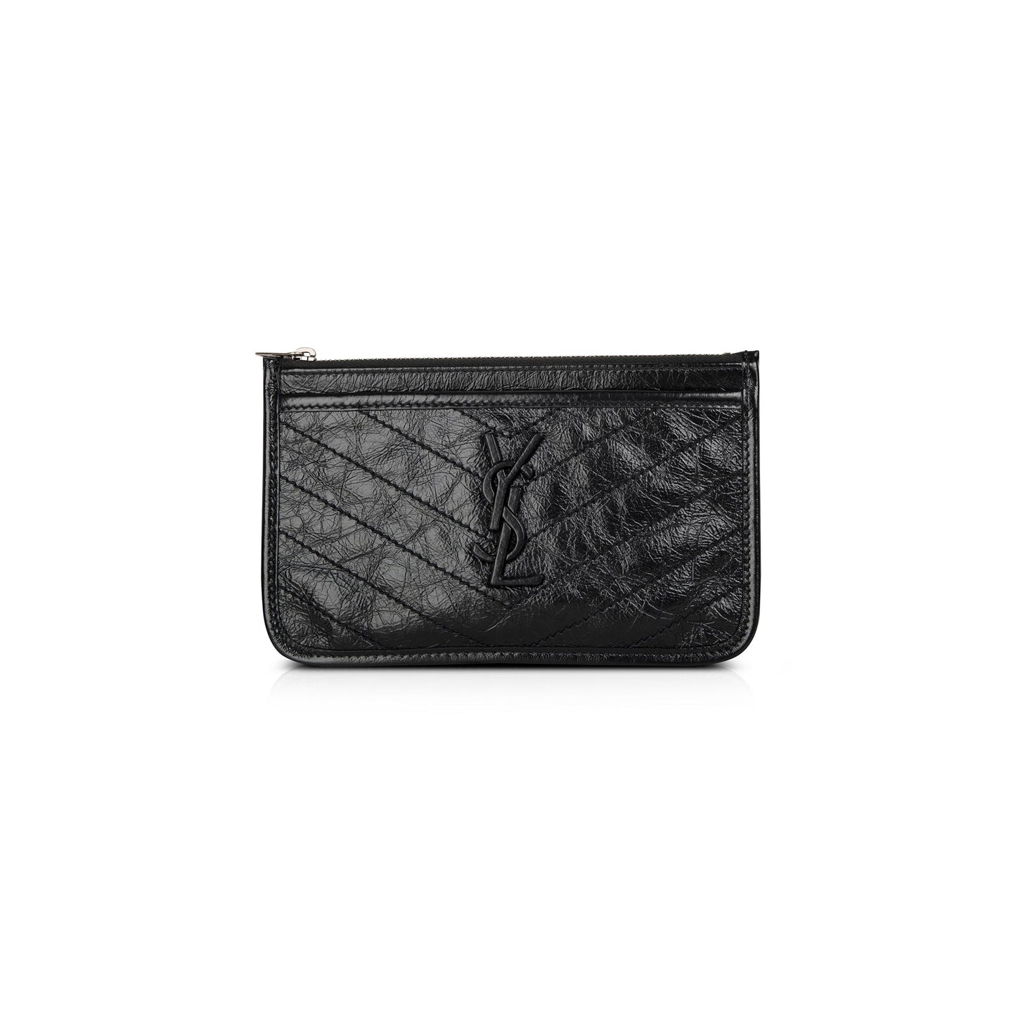 Saint Laurent Black Crinkled Calfskin Matelasse Leather Monogram Niki Bill Pouch