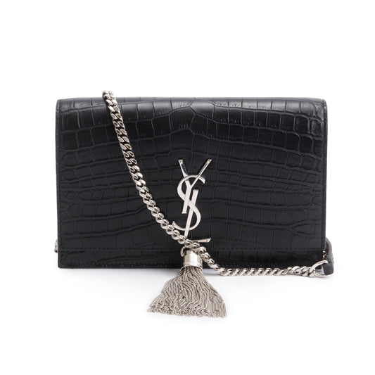 Saint Laurent Black Croc-Embossed Leather Small Kate Tassel Bag