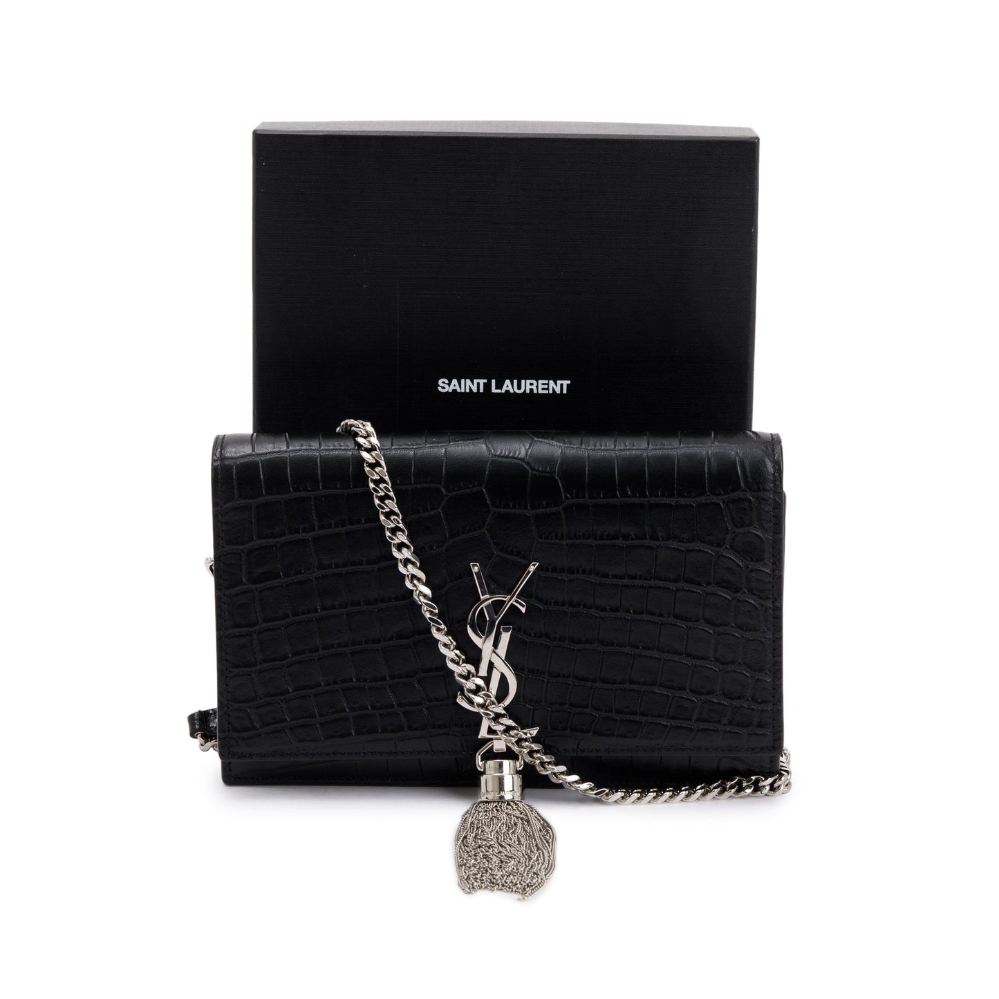 Saint Laurent Black Crocodile-Embossed Leather Small Classic Monogram Kate Tassel Chain Bag