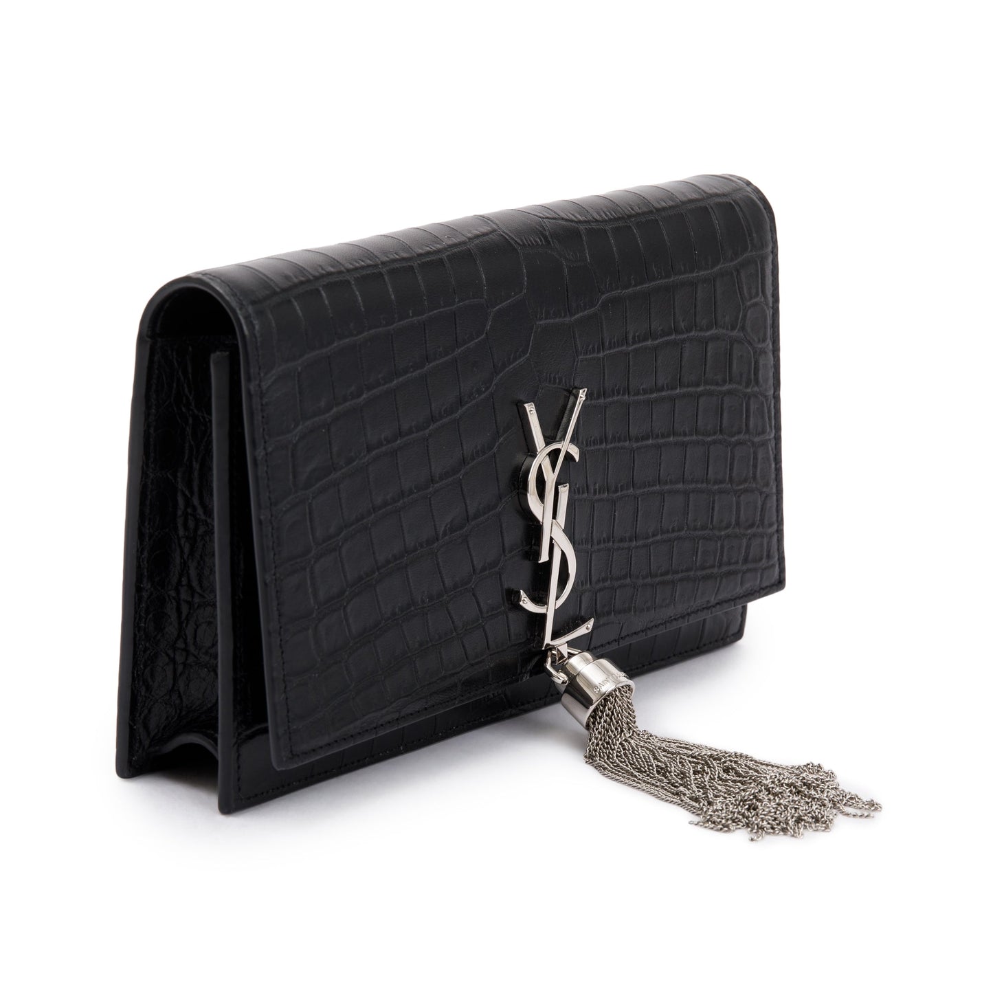 Saint Laurent Black Crocodile-Embossed Leather Small Classic Monogram Kate Tassel Chain Bag
