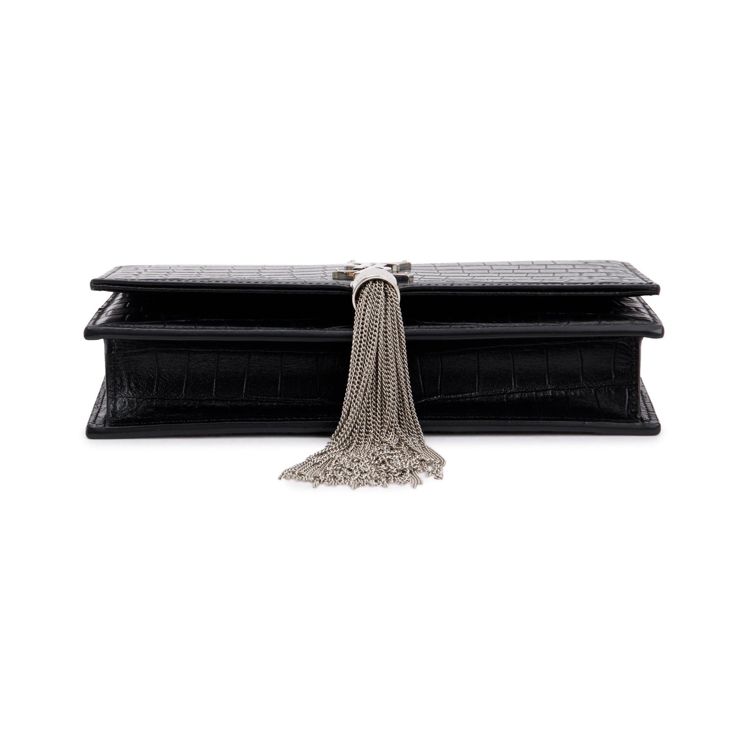 Saint Laurent Black Crocodile-Embossed Leather Small Classic Monogram Kate Tassel Chain Bag