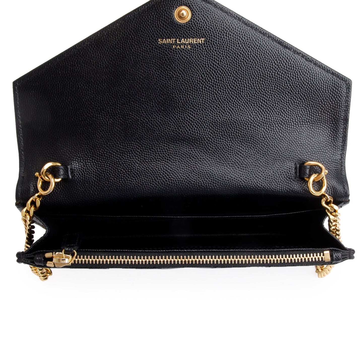 Saint Laurent Black Grain De Poudre Cassandre Envelope Chain Wallet