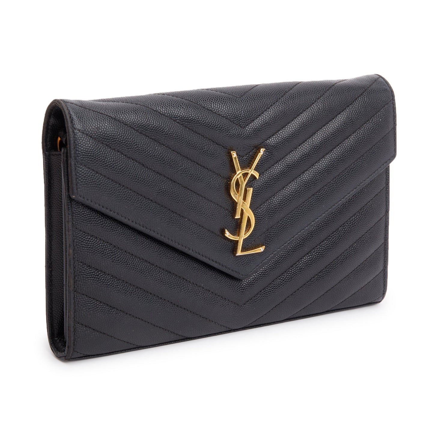 Saint Laurent Black Grain De Poudre Cassandre Envelope Chain Wallet