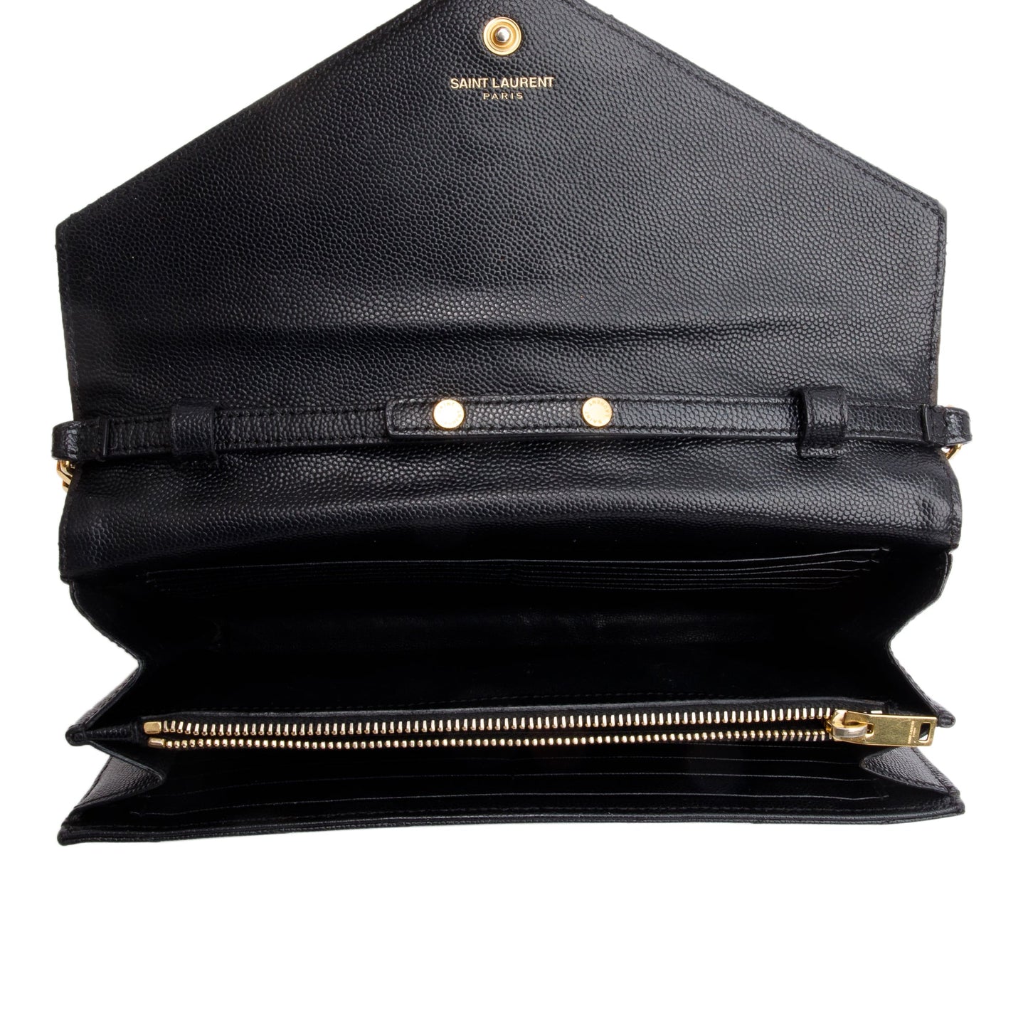 Saint Laurent Black Grain De Poudre Cassandre Envelope Chain Wallet