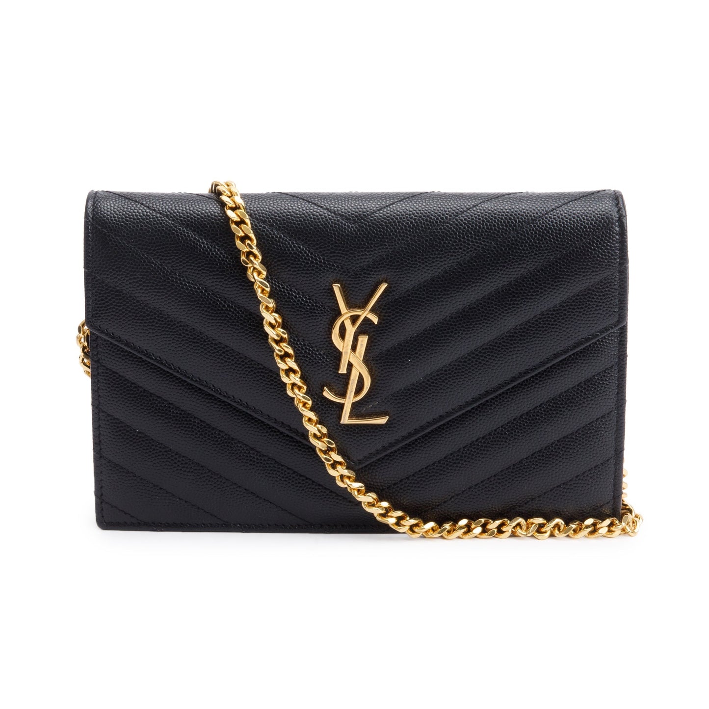 Saint Laurent Black Grain De Poudre Cassandre Envelope Chain Wallet
