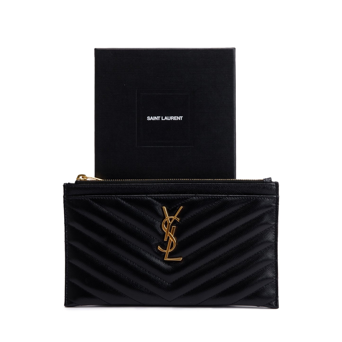 Saint Laurent Black Grain De Poudre Embossed Leather Cassandre Matelasse Zipped Pouch