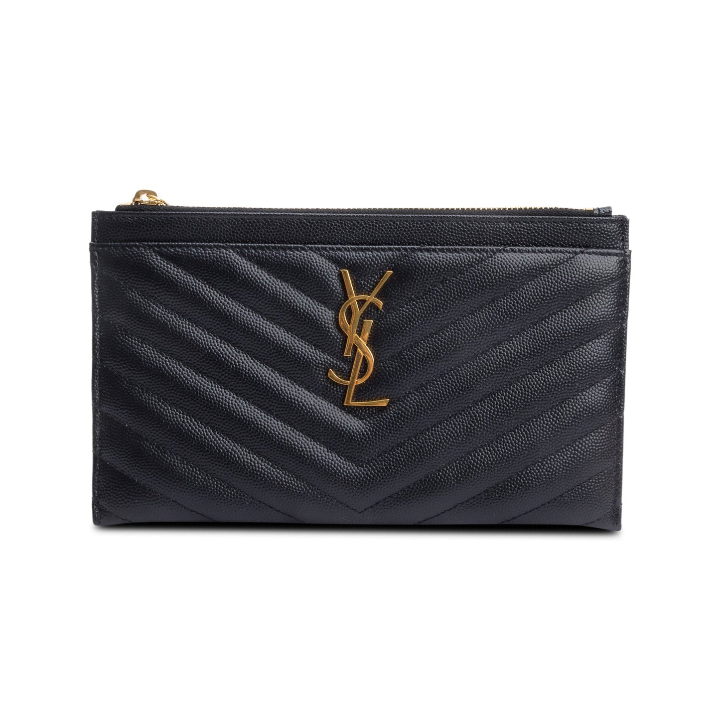 Saint Laurent Black Grain De Poudre Embossed Leather Cassandre Matelasse Zipped Pouch