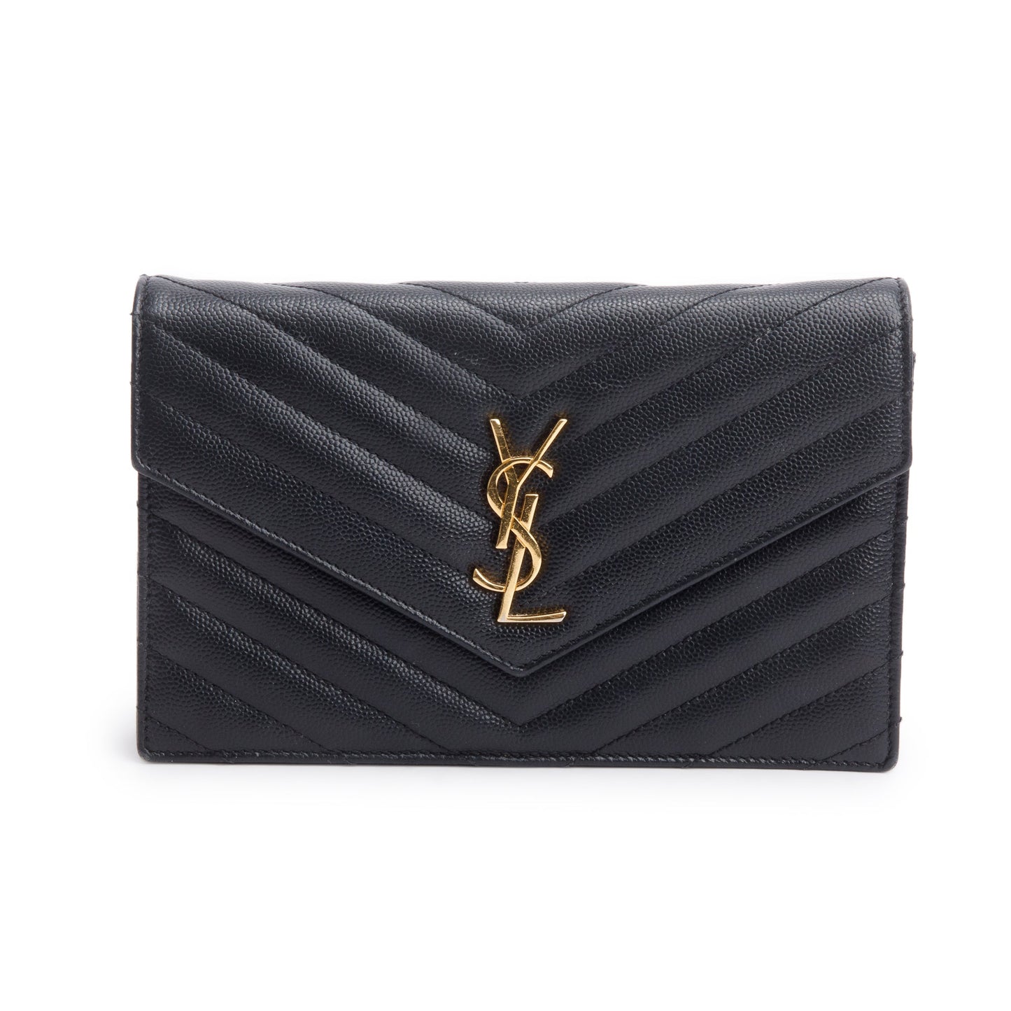 Saint Laurent Black Grain De Poudre Leather Cassandre Envelope Chain Wallet