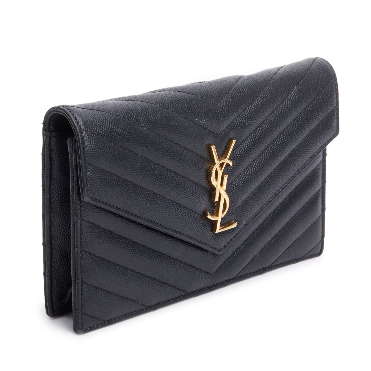 Saint Laurent Black Grain De Poudre Leather Cassandre Envelope Chain Wallet