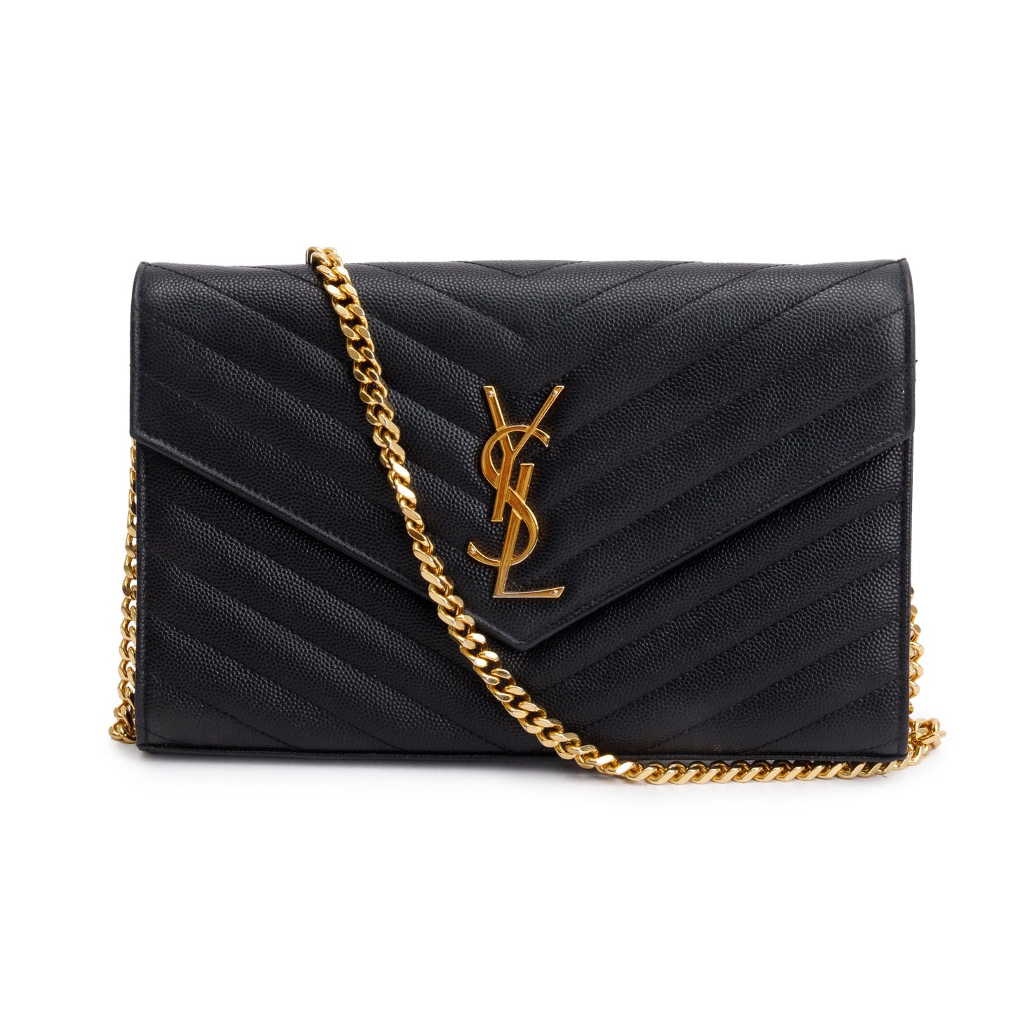 Saint Laurent Black Grain De Poudre Leather Cassandre Matelasse Chain Wallet