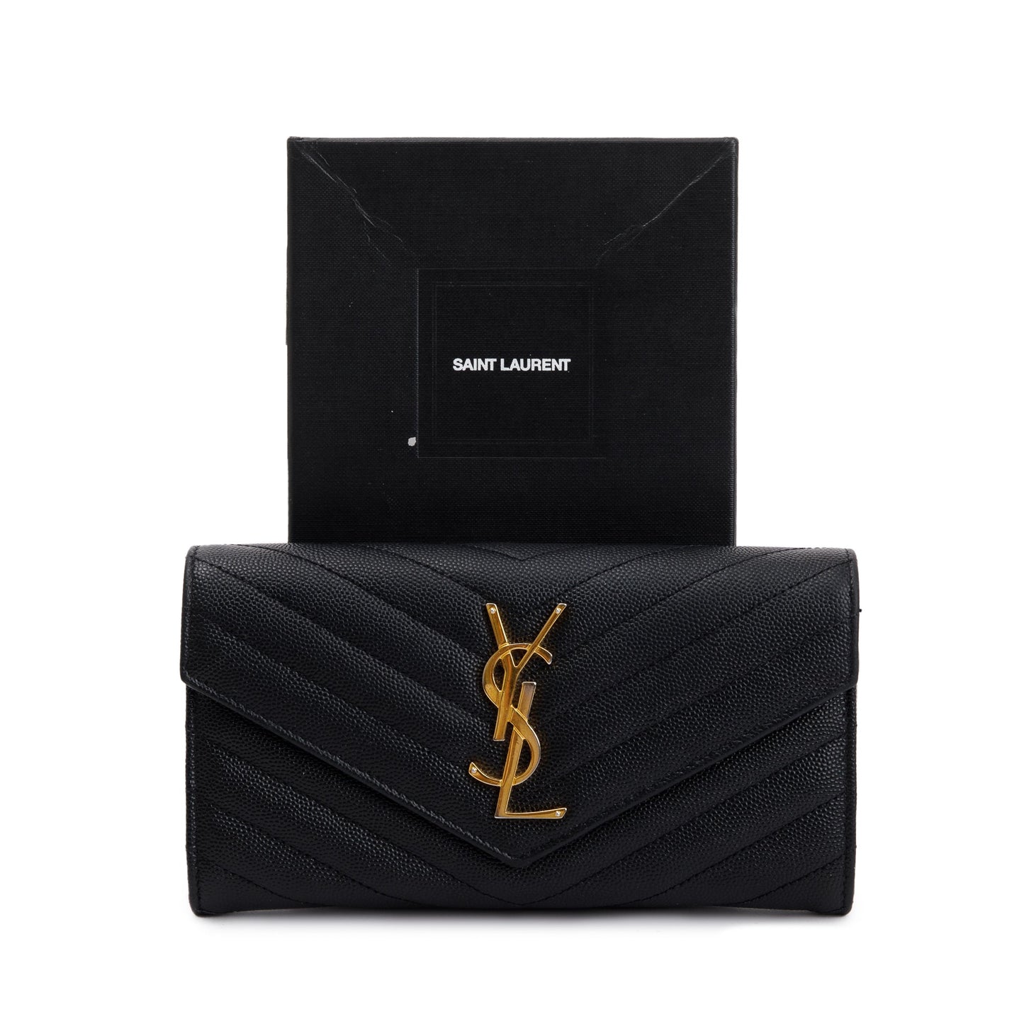 Saint Laurent Black Grain De Poudre Leather Cassandre Matelasse Large Flap Wallet