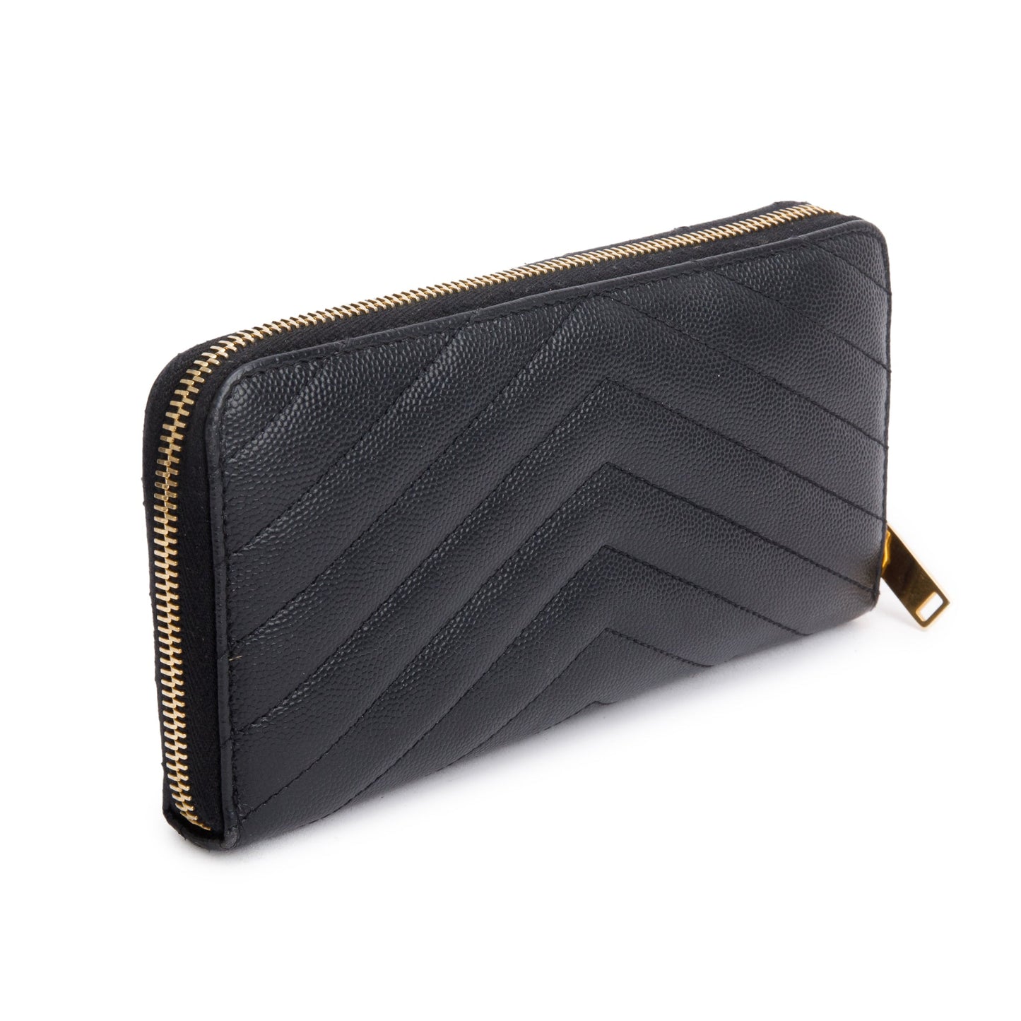 Saint Laurent Black Grained De Poudre Cassandre Matelasse Zip Around Wallet