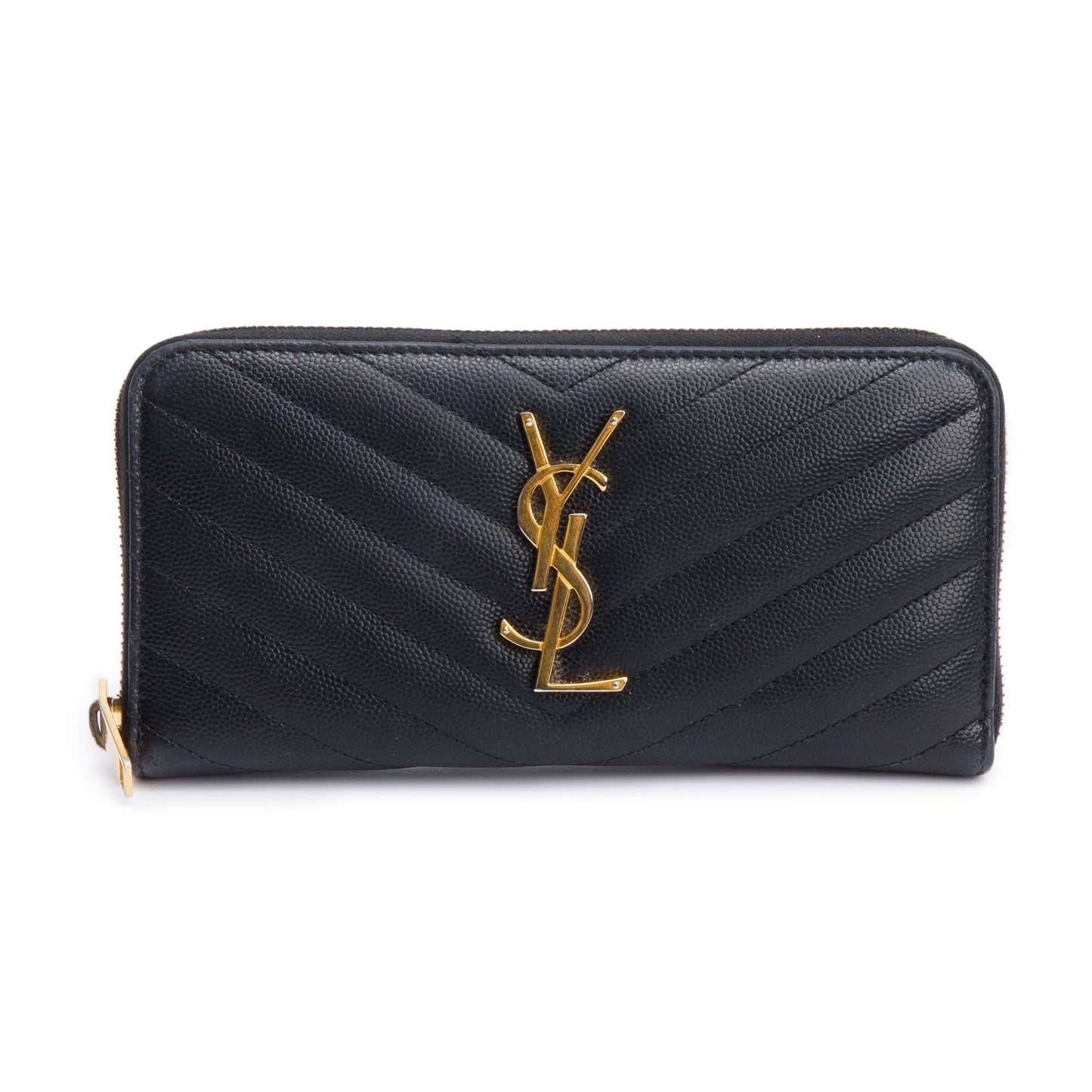 Saint Laurent Black Grained De Poudre Cassandre Matelasse Zip Around Wallet