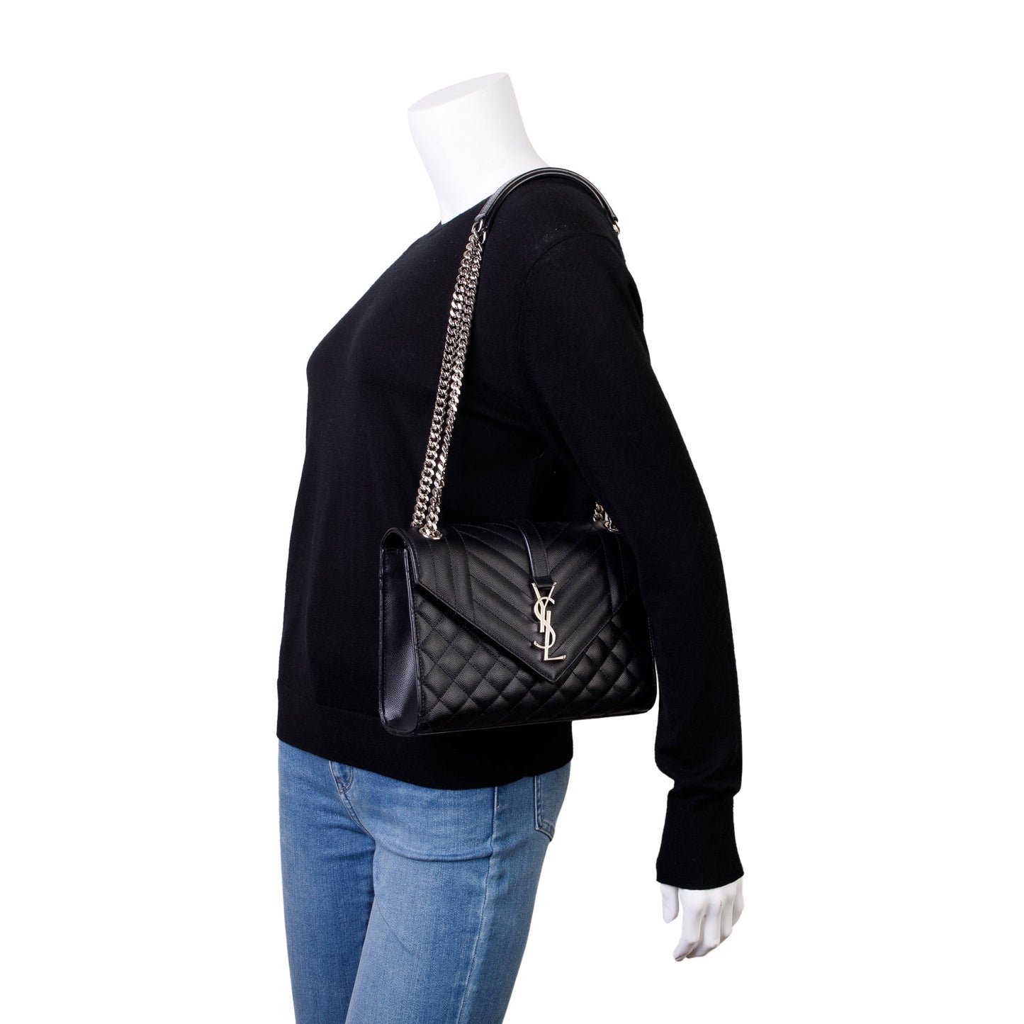Saint Laurent Black Grained De Poudre Medium Envelope Shoulder Bag