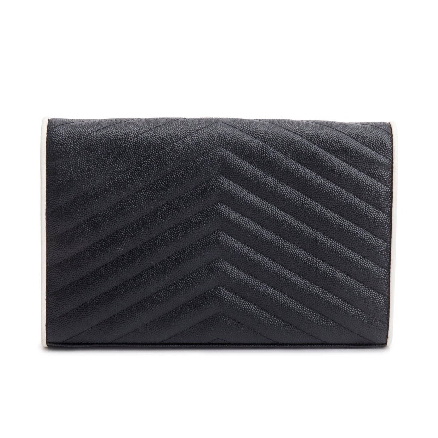 Saint Laurent Black Grained De Poudre White Contrast Trim Cassandre Matelasse Chain Wallet