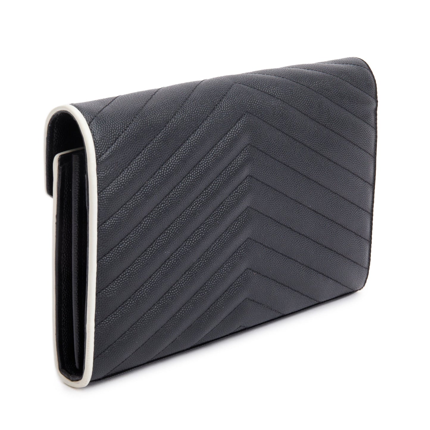 Saint Laurent Black Grained De Poudre White Contrast Trim Cassandre Matelasse Chain Wallet