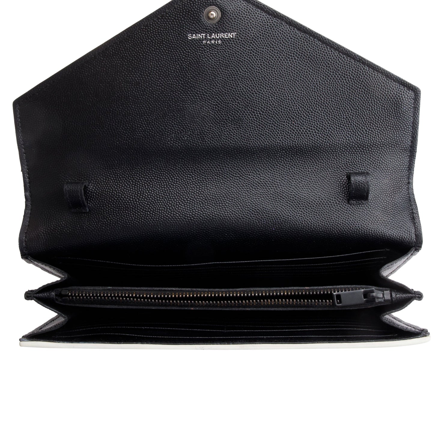 Saint Laurent Black Grained De Poudre White Contrast Trim Cassandre Matelasse Chain Wallet