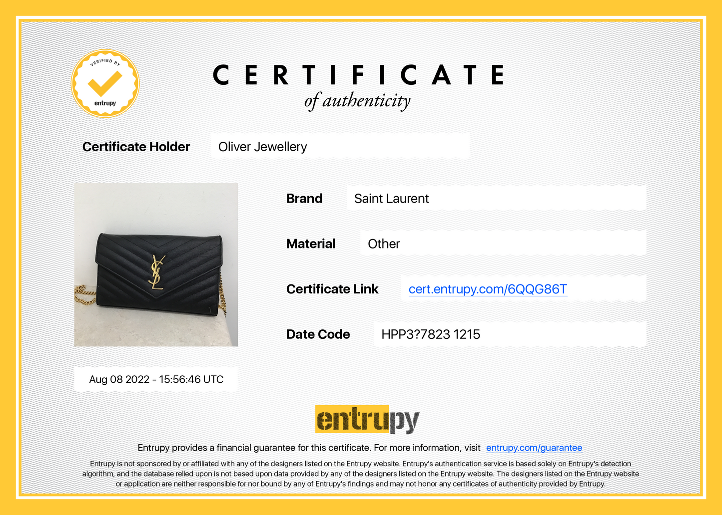Saint Laurent Black Grained de Poudre Cassandre Matelasse Chain Wallet