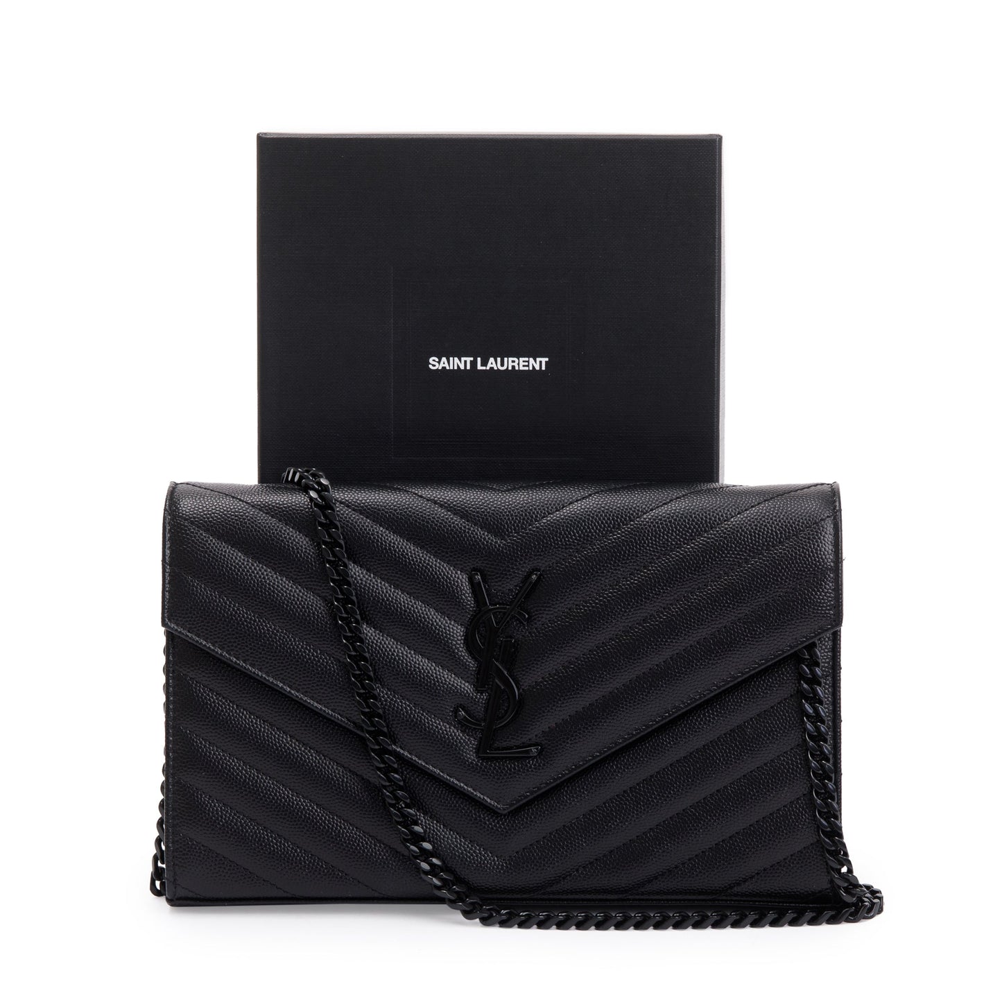 Saint Laurent Black Grained de Poudre Cassandre Matelasse Chain Wallet