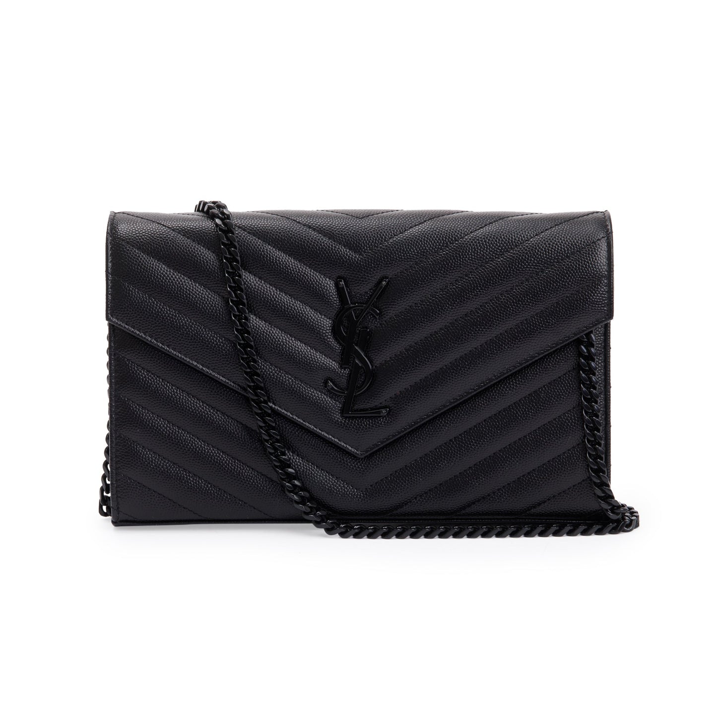 Saint Laurent Black Grained de Poudre Cassandre Matelasse Chain Wallet