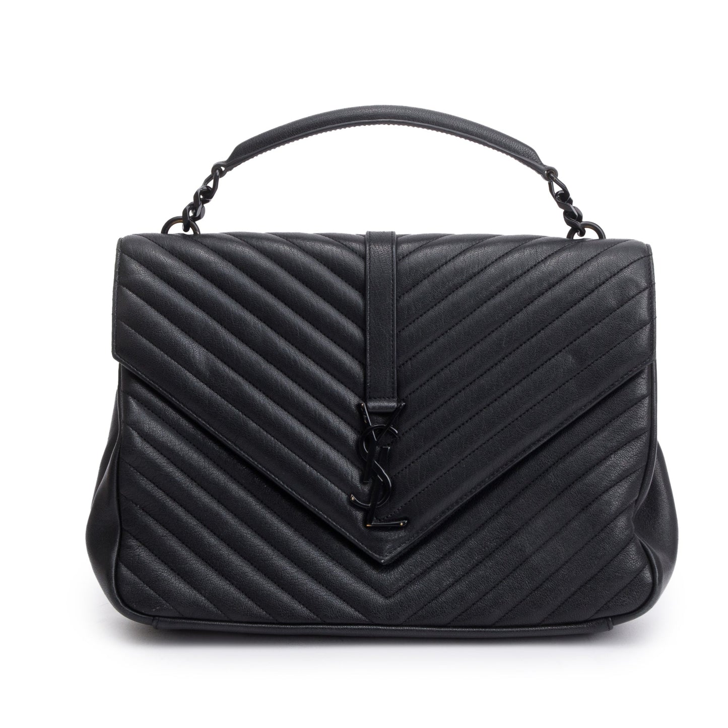 Saint Laurent Black Leather Large Chevron College Bag