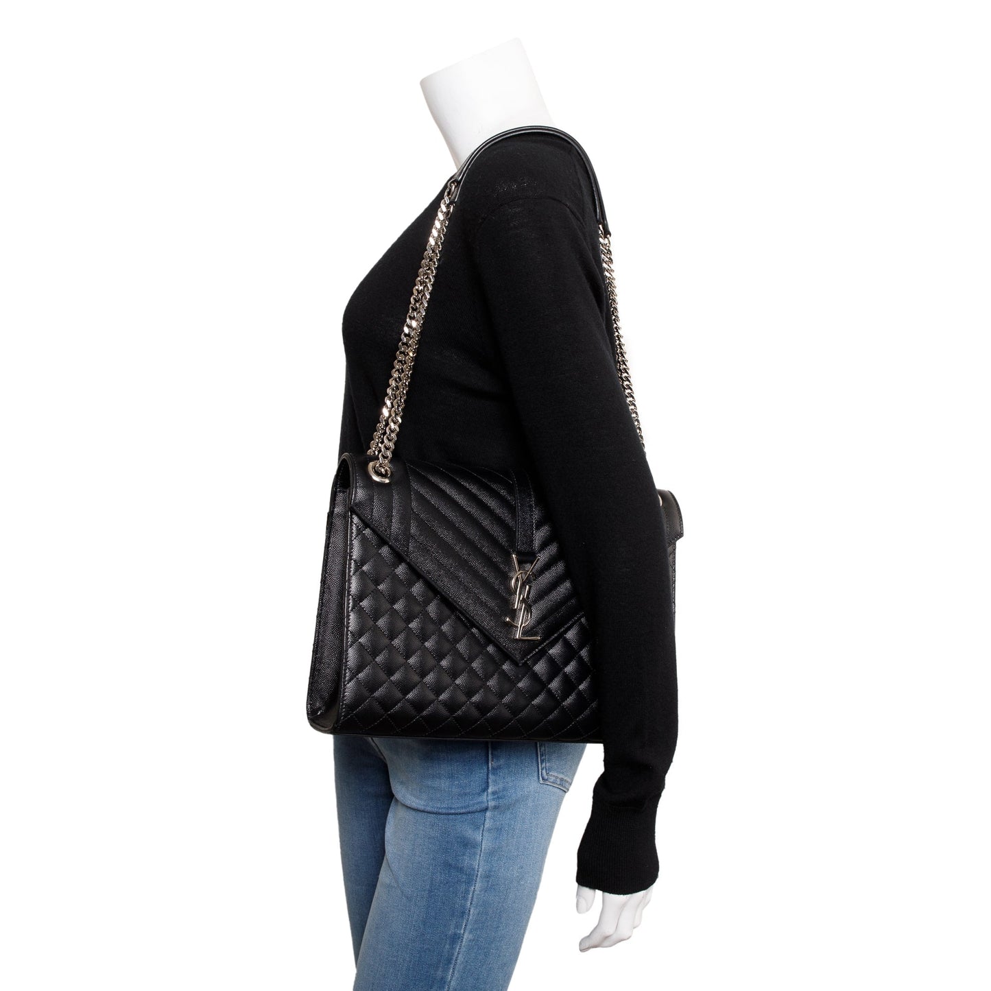 Saint Laurent Black Quilted Grain De Poudre Leather Large Envelope Chain Bag