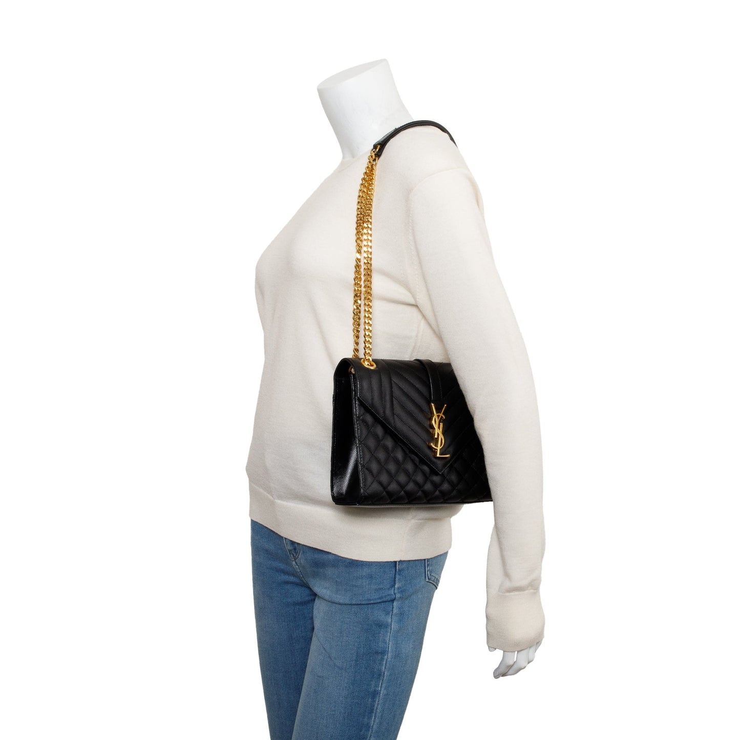 Saint Laurent Black Quilted Grain De Poudre Leather Medium Envelope Chain Bag
