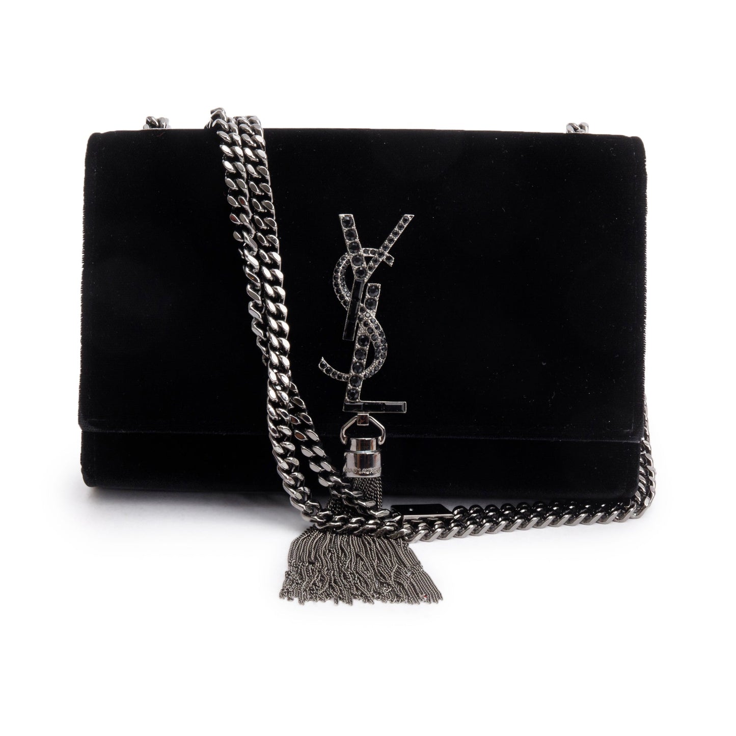 Saint Laurent Black Velvet Crystal Small Kate Tassel Bag
