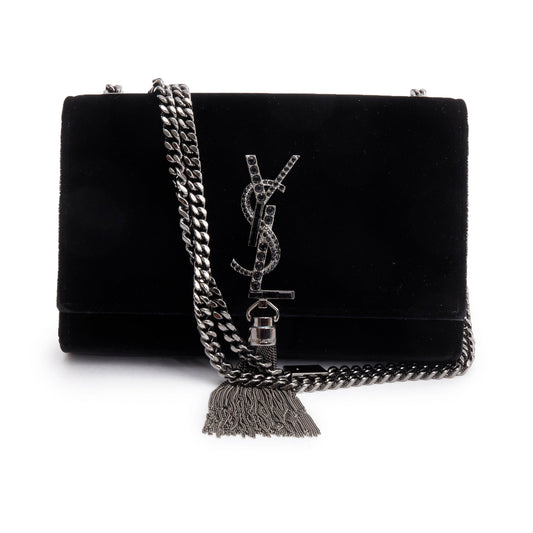 Saint Laurent Black Velvet Crystal Small Kate Tassel Bag