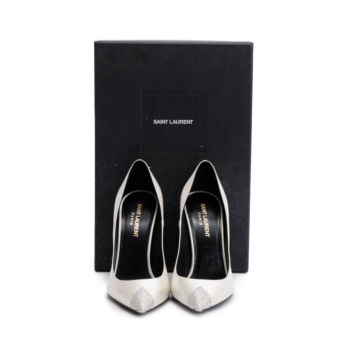Saint Laurent Blanc Optic Satin Crystal Tower 110 Pumps, Size 36
