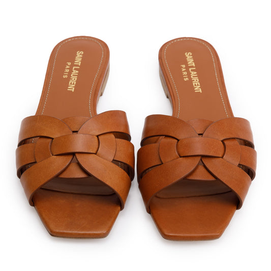 Saint Laurent Brown Smooth Leather Tribute Mules, Size 36.5