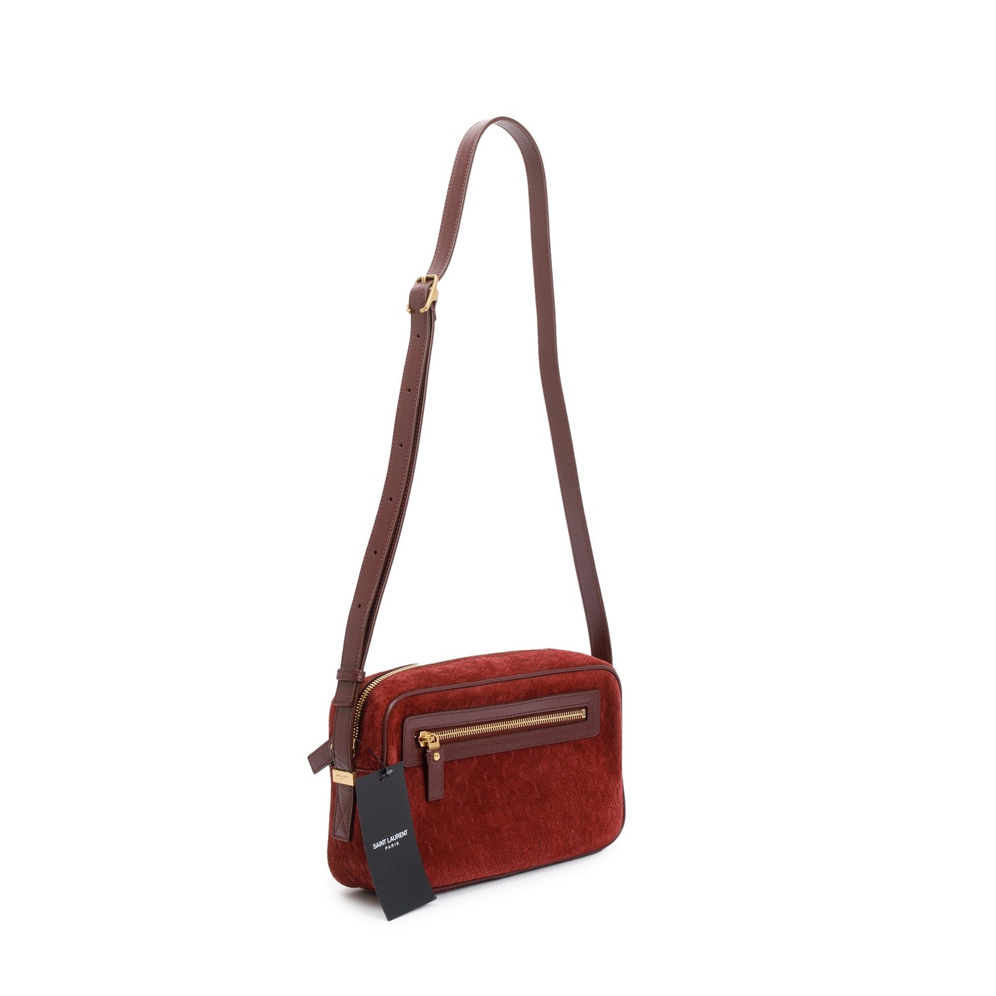 Saint Laurent Burgundy Suede Monogram All Over Camera Bag