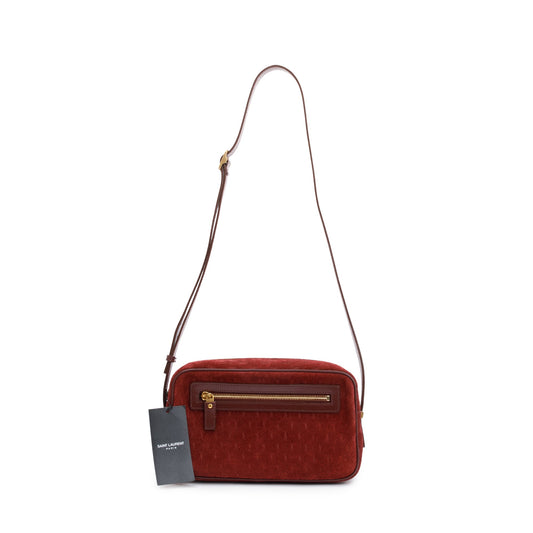 Saint Laurent Burgundy Suede Monogram All Over Camera Bag