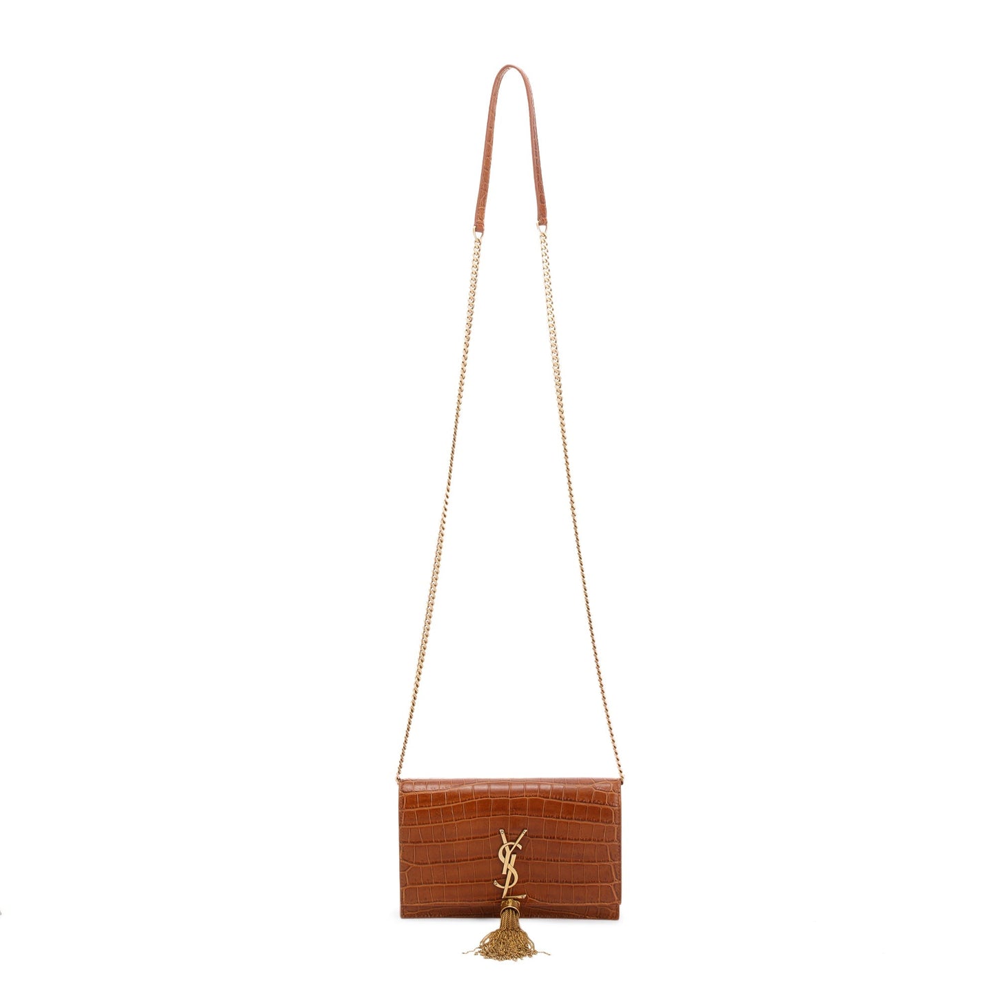 Saint Laurent Croc Embossed Kate Tassel Wallet on Chain