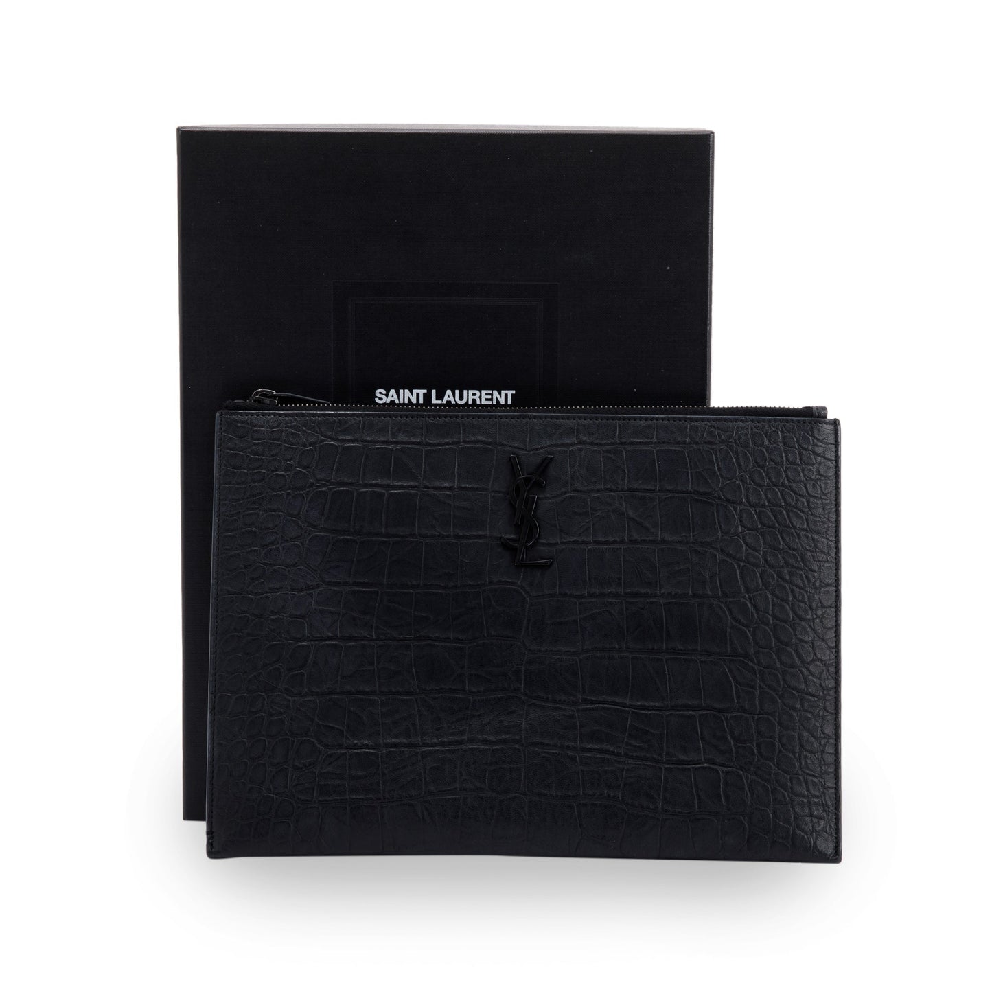 Saint Laurent Croc Embossed Monogram Zip Pouch