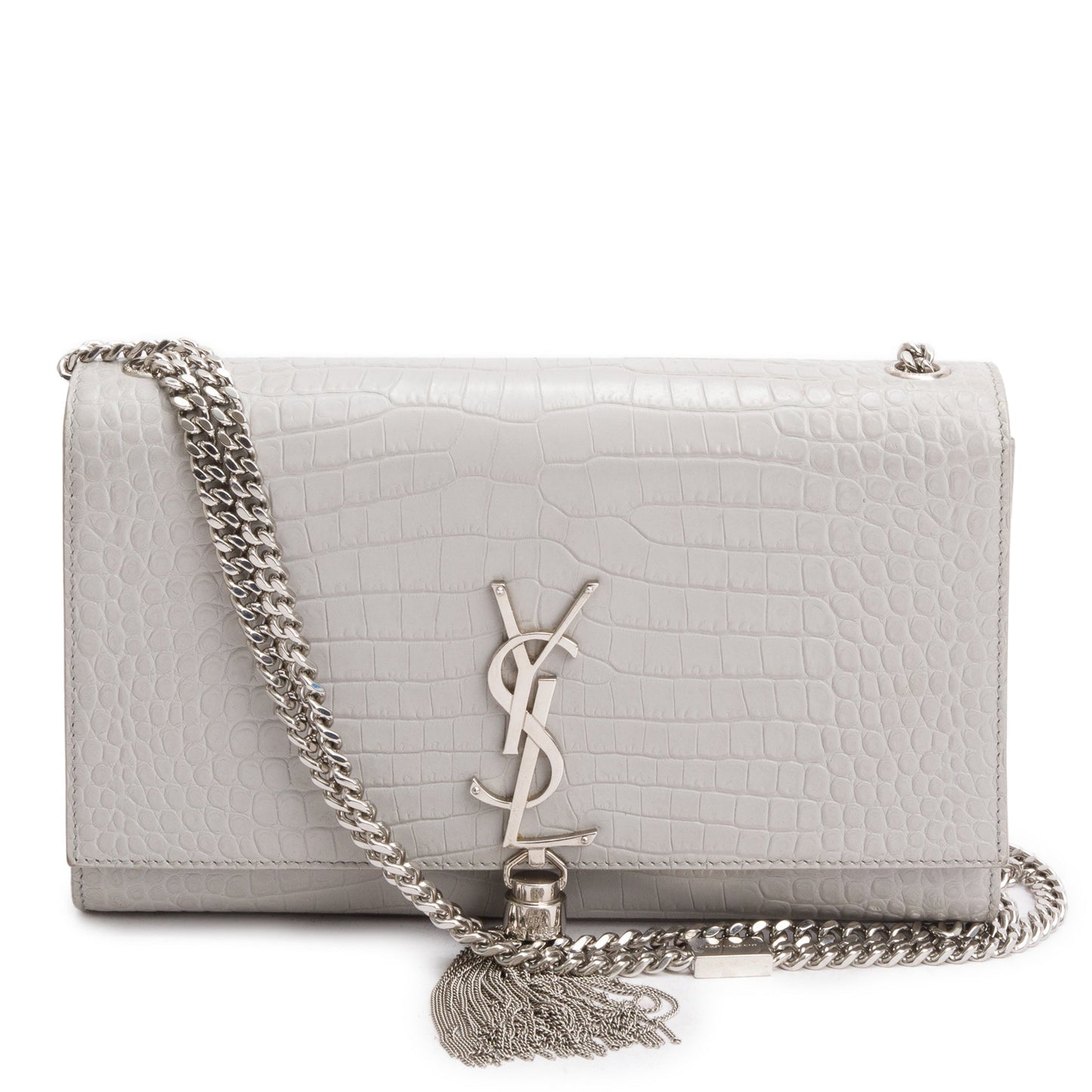 Saint Laurent Grey Crocodile-Embossed Leather Medium Classic Monogram Kate Tassel Chain Bag