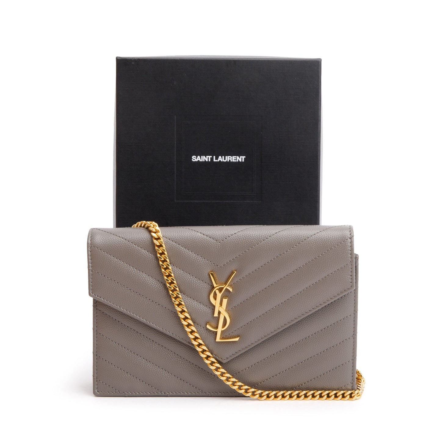 Saint Laurent Grey Grain De Poudre Leather Cassandre Envelope Chain Wallet