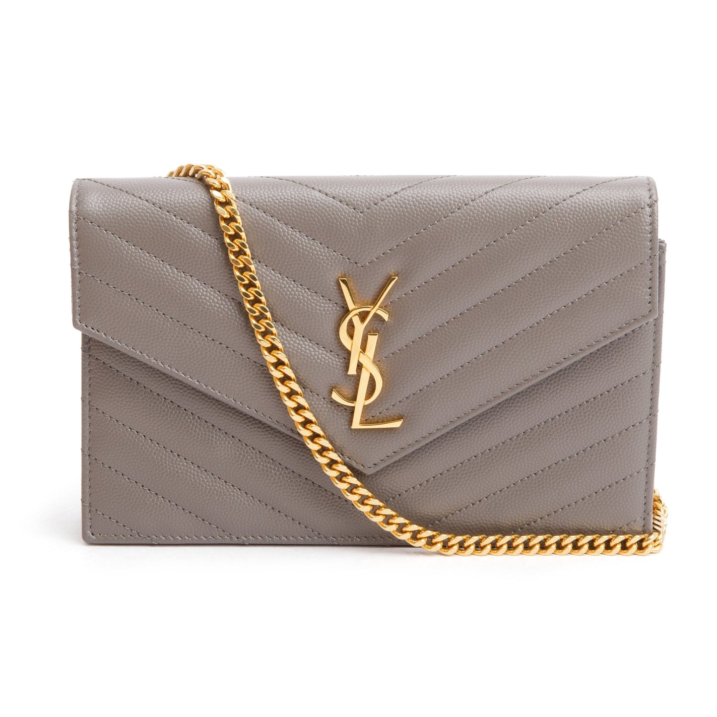 Saint Laurent Grey Grain De Poudre Leather Cassandre Envelope Chain Wallet