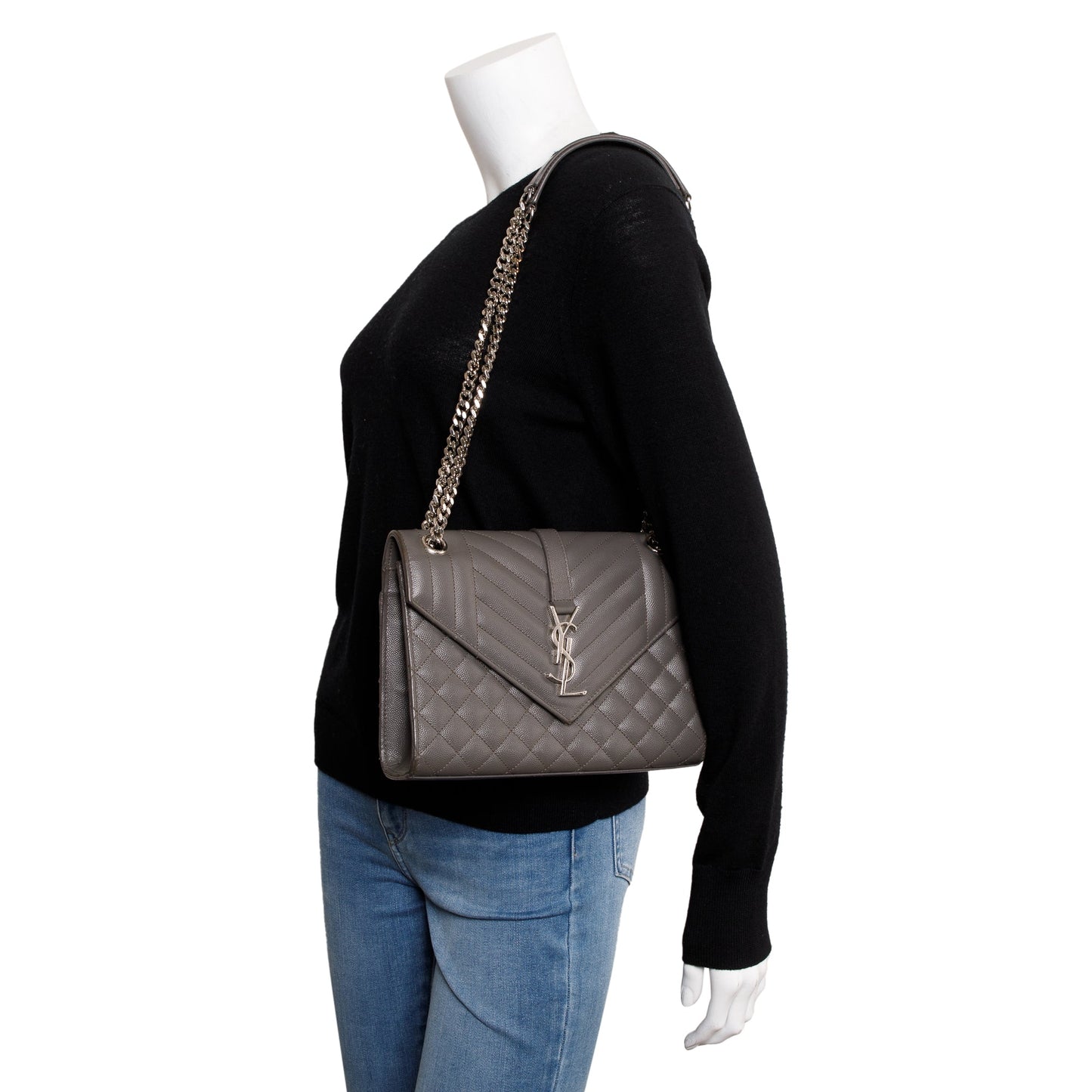 Saint Laurent Grey Grained De Poudre Medium Envelope Shoulder Bag