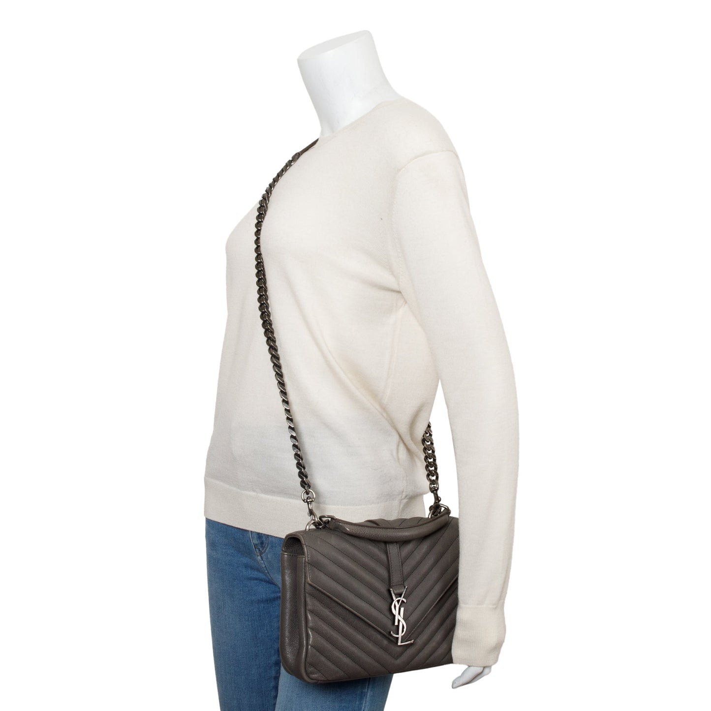 Saint Laurent Grey Leather Medium Chevron College Bag