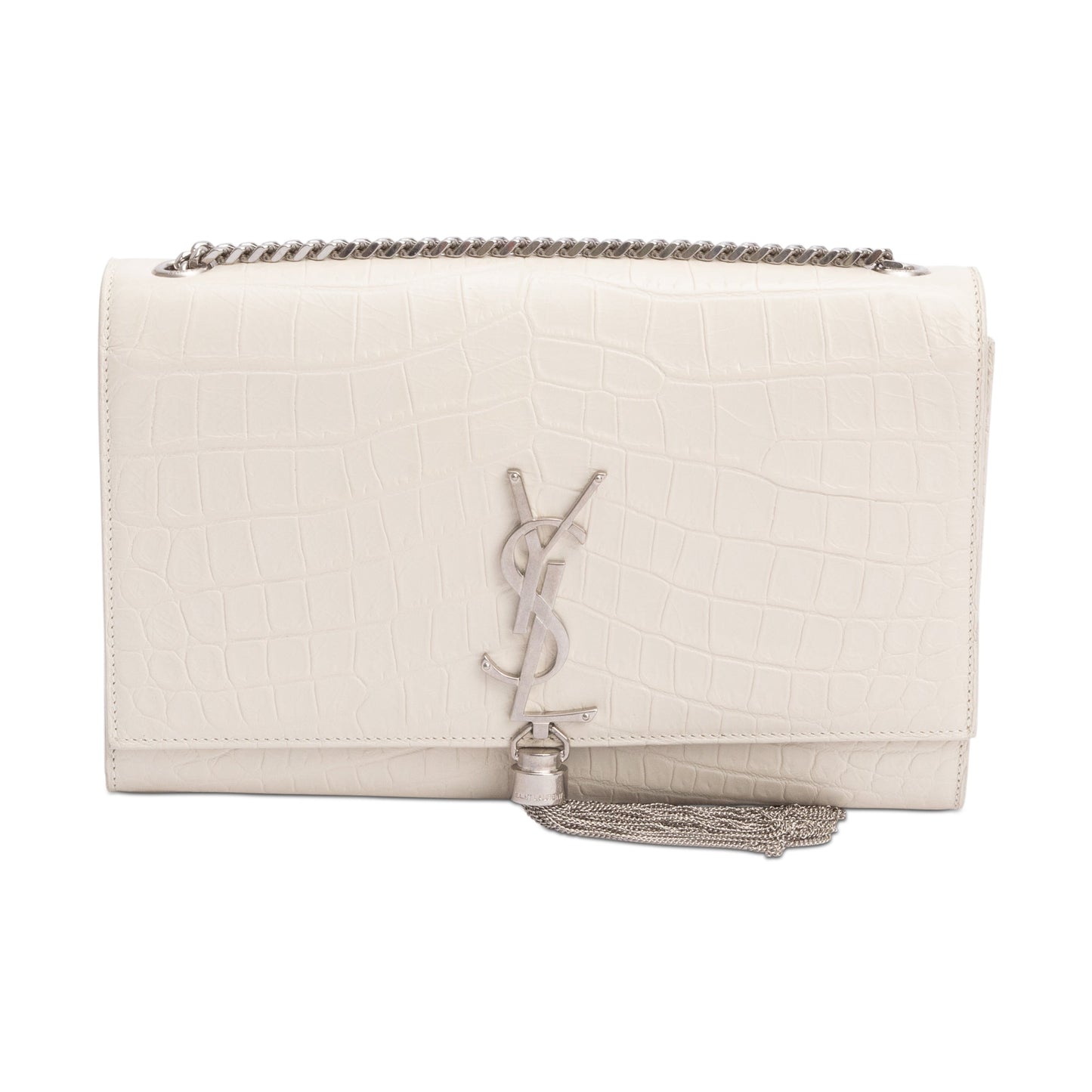 Saint Laurent Ivory Crocodile-Embossed Leather Medium Classic Monogram Kate Tassel Chain Bag