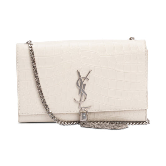 Saint Laurent Ivory Crocodile-Embossed Leather Medium Classic Monogram Kate Tassel Chain Bag