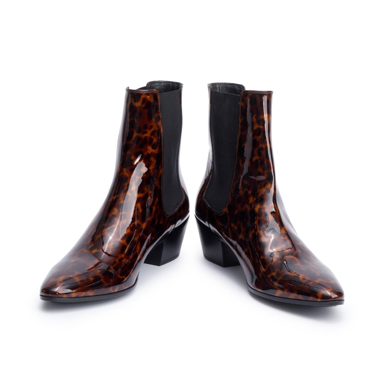 Saint Laurent Manto Naturale Patent Tartaruga Leather West 45 Chelsea Boots, Size 40.5
